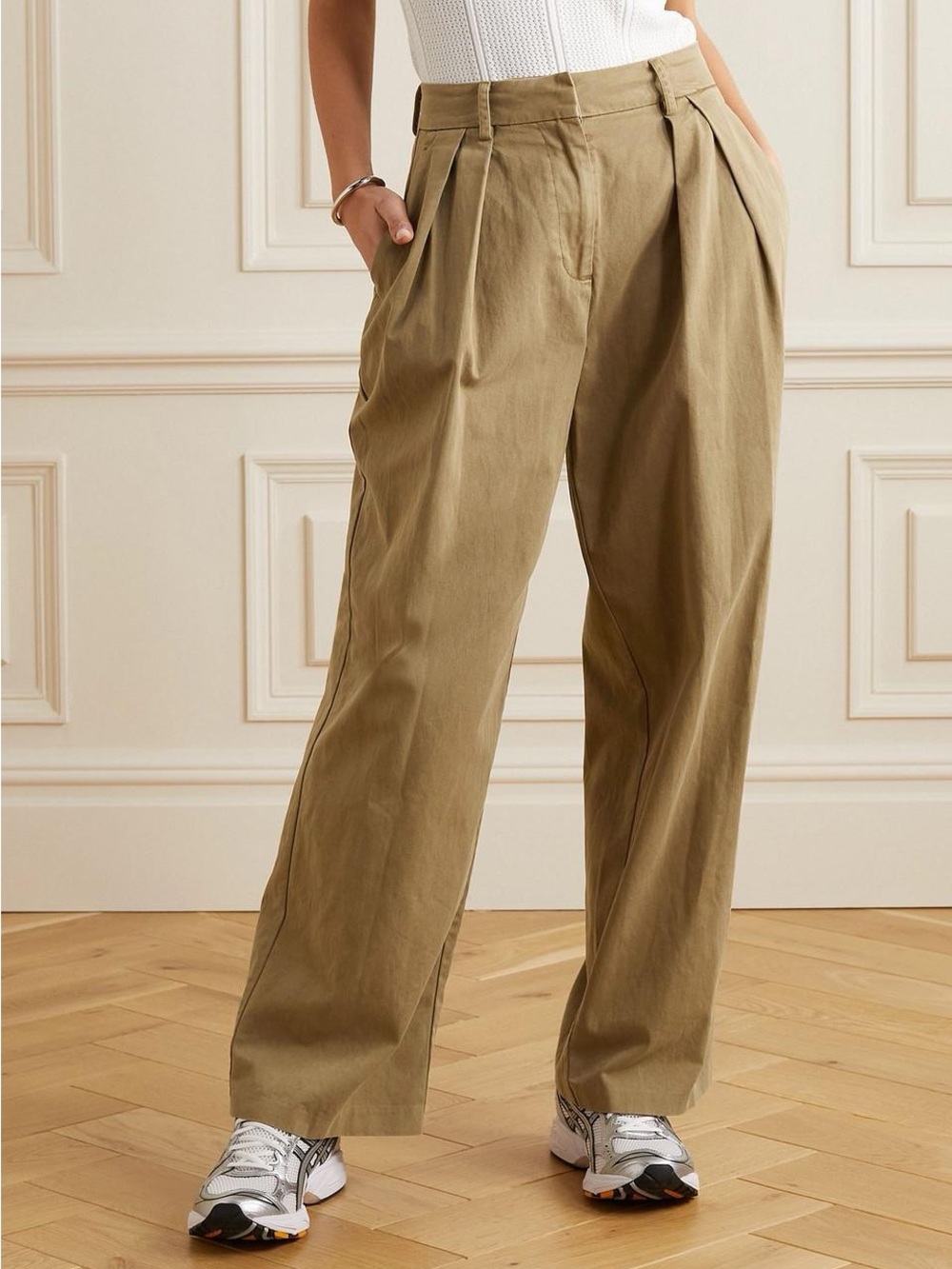STAUD Wide Leg Pleated Cotton Luisa Pants NWT Neutral Beige Size 12 Office Chic